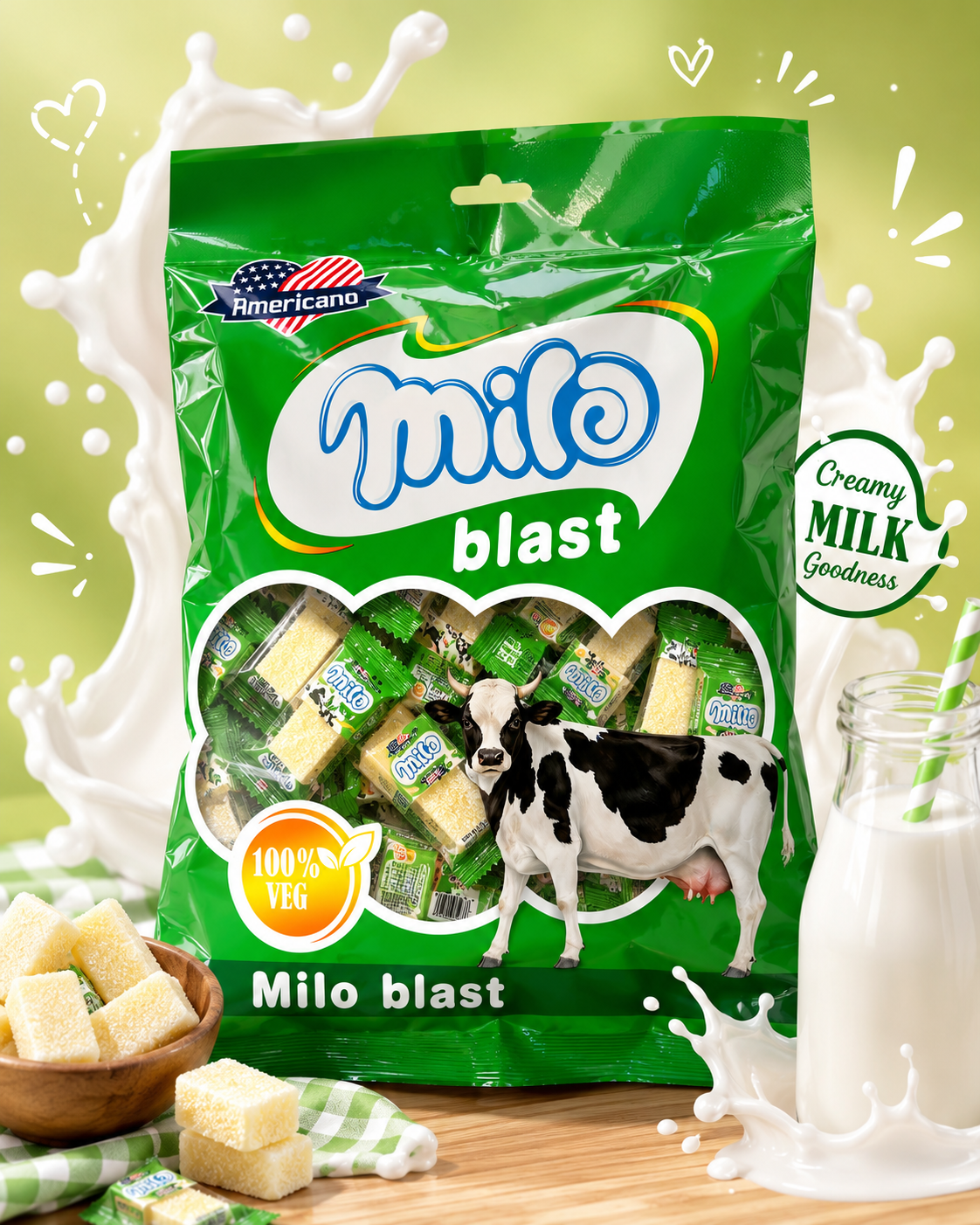 Americano Milo Blast Milk Candy - front bag with creamy milk splash