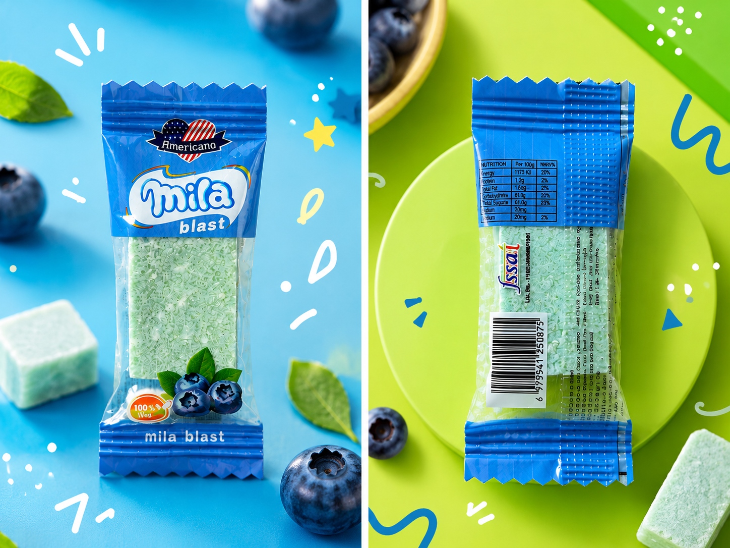Americano Milo Blast Blueberry - individual candy piece front and back
