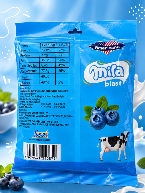 Americano Milo Blast Blueberry - back of bag with nutrition facts