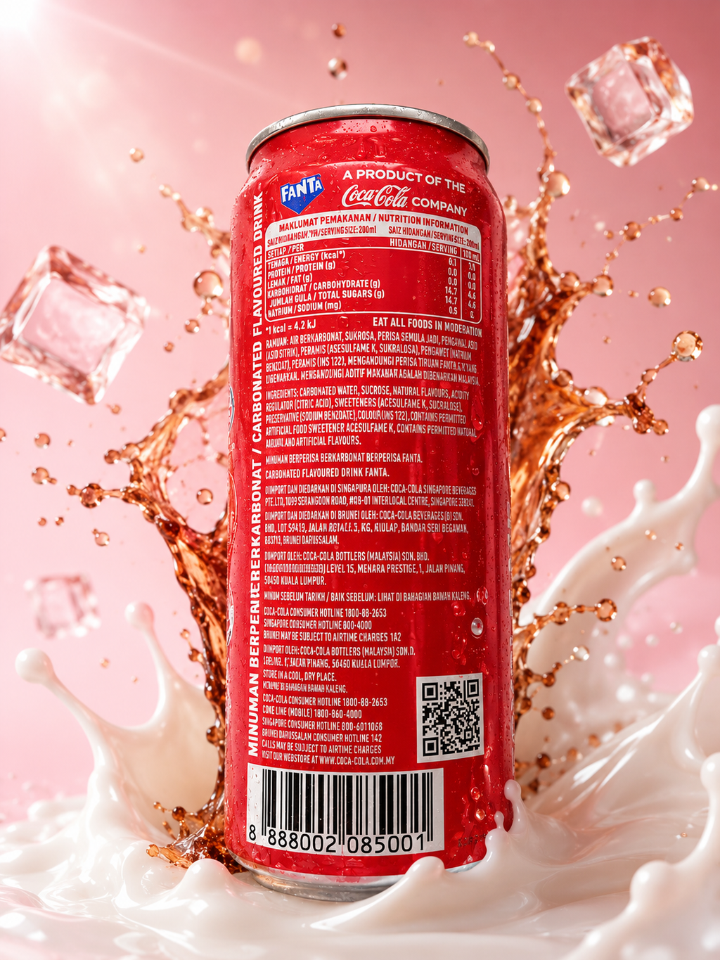 Fanta Strawberry Flavour can top view with splash