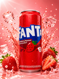 Fanta Strawberry Flavour can with ice and strawberries splash