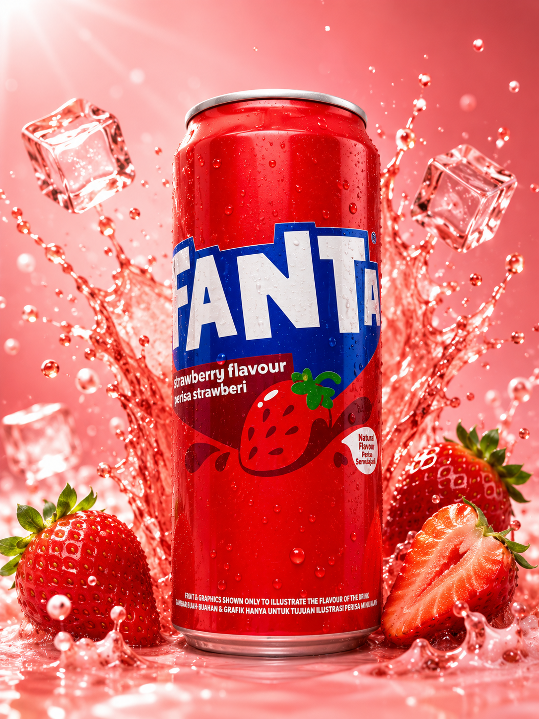 Fanta Strawberry Flavour can with ice and strawberries splash