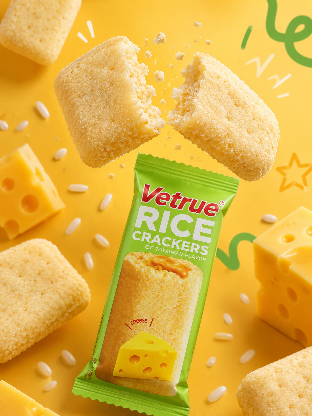 Vetrue Rice Crackers Cheese Flavour - product hero with crackers and cheese
