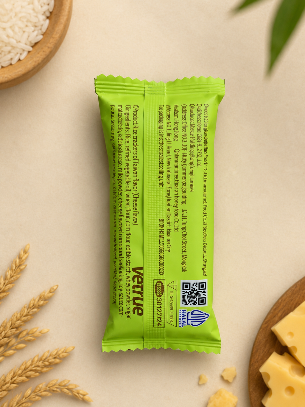 Vetrue Rice Crackers Cheese Flavour - back label with ingredients