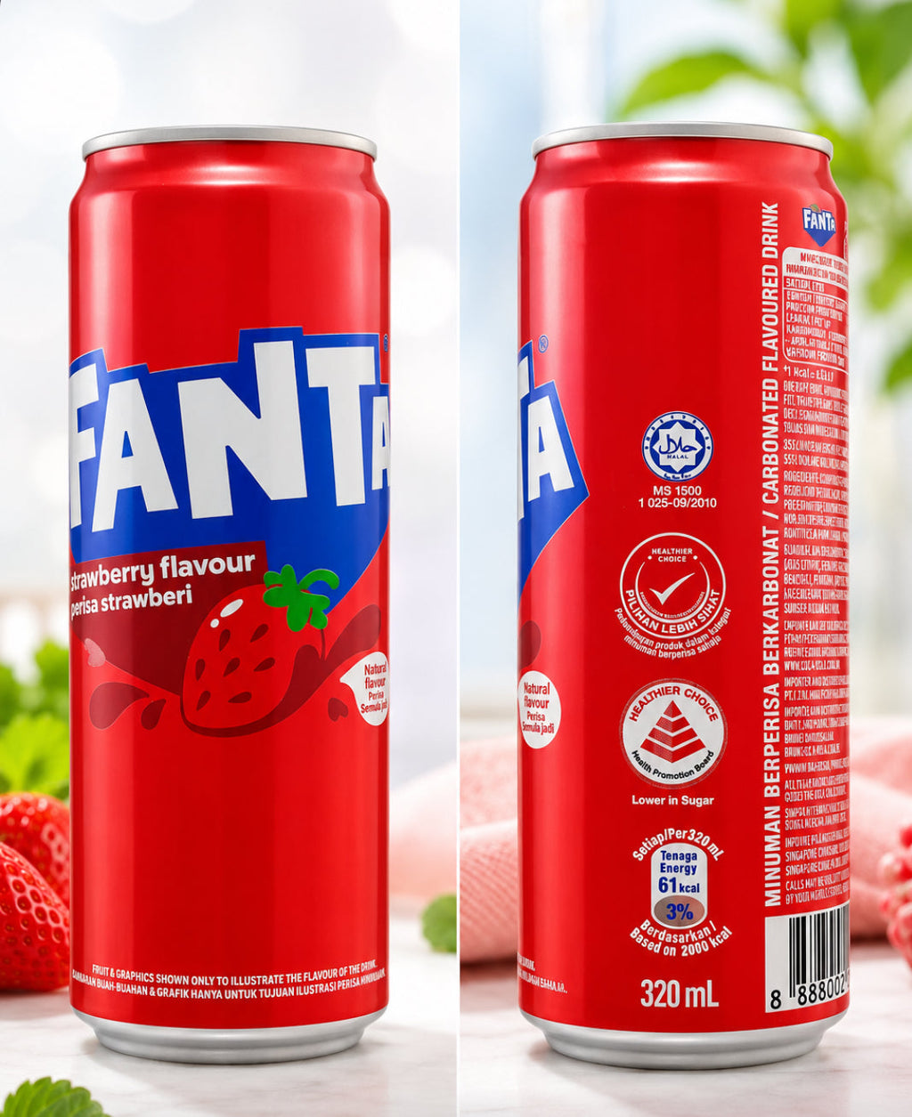 Fanta Strawberry Flavour 320ml can - front and back view with Halal certification