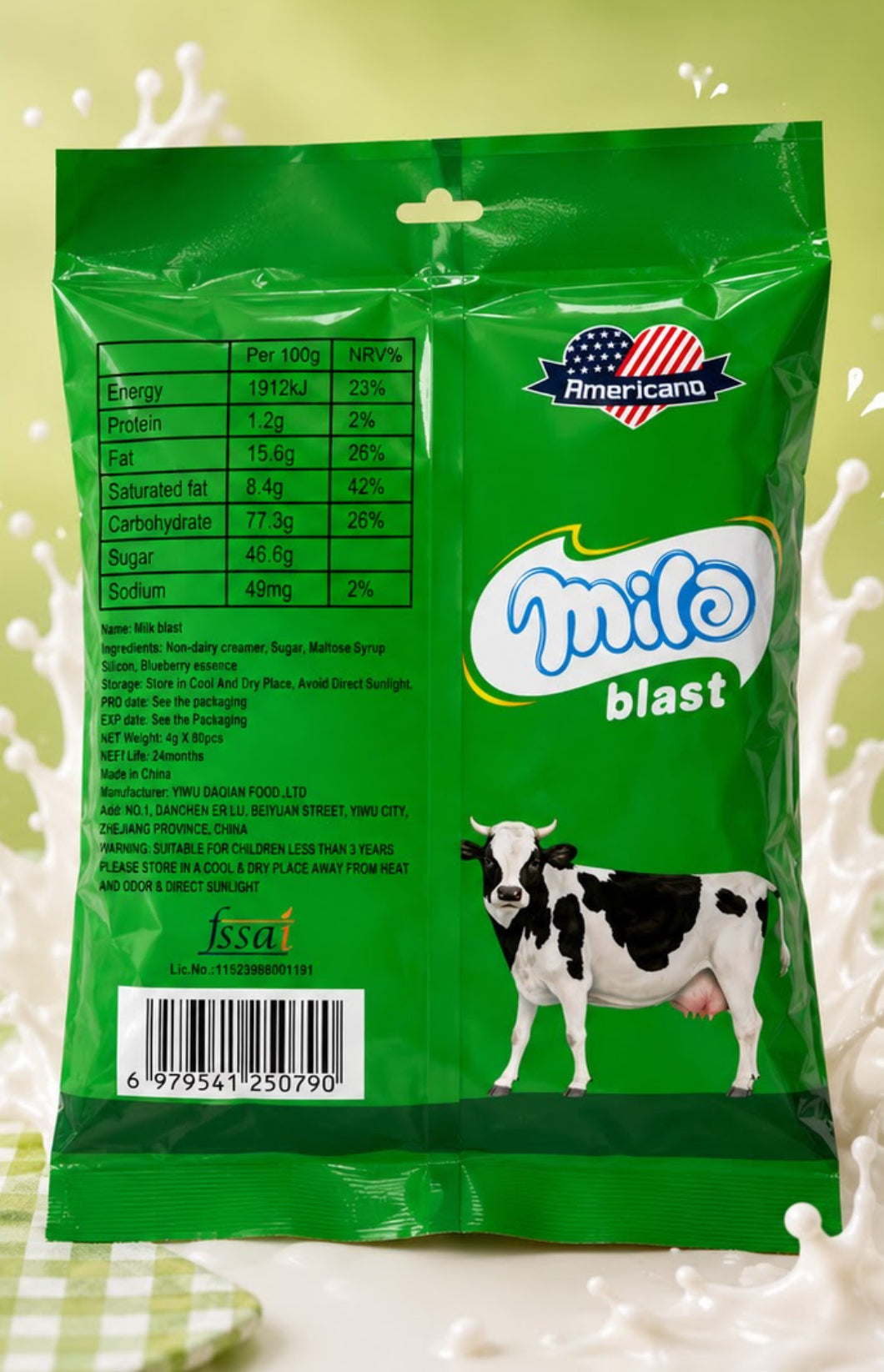 Americano Milo Blast - back of bag with nutrition facts and ingredients