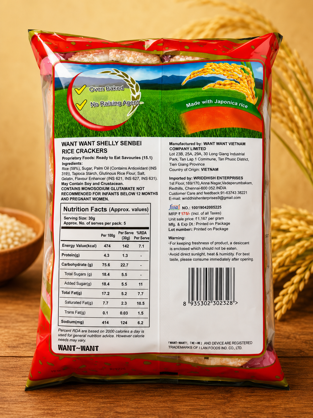 Want Want Shelly Senbei Rice Crackers 150g - Back with Nutrition Facts